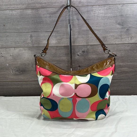 Coach Scarf Print F13800 Multicolor Fabric and Patent Leather Hobo Bag - Picture 2 of 12